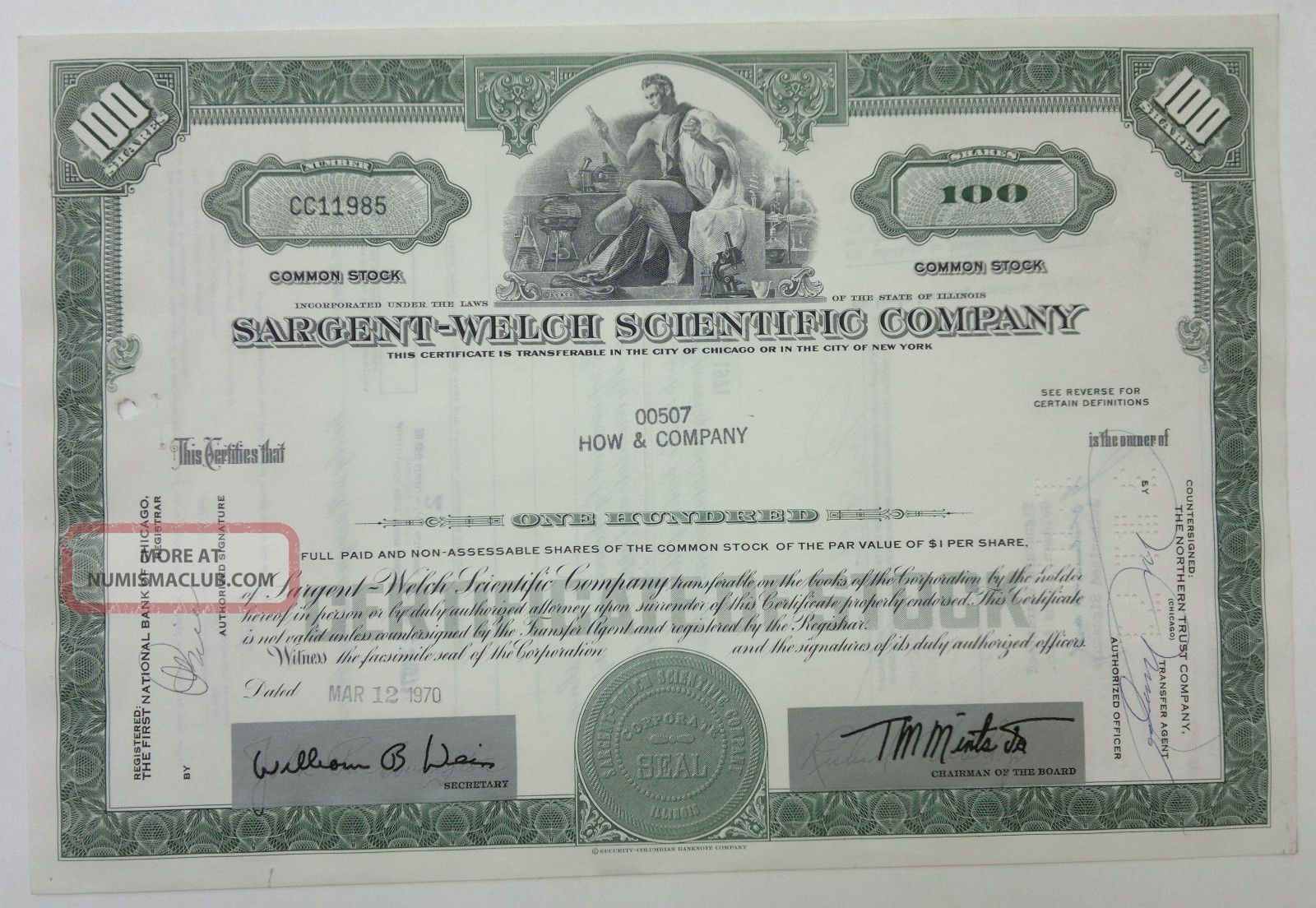 Sargent - Welch Scientific Co 1970 Share Certificate 100 Shares Stocks & Bonds, Scripophily photo