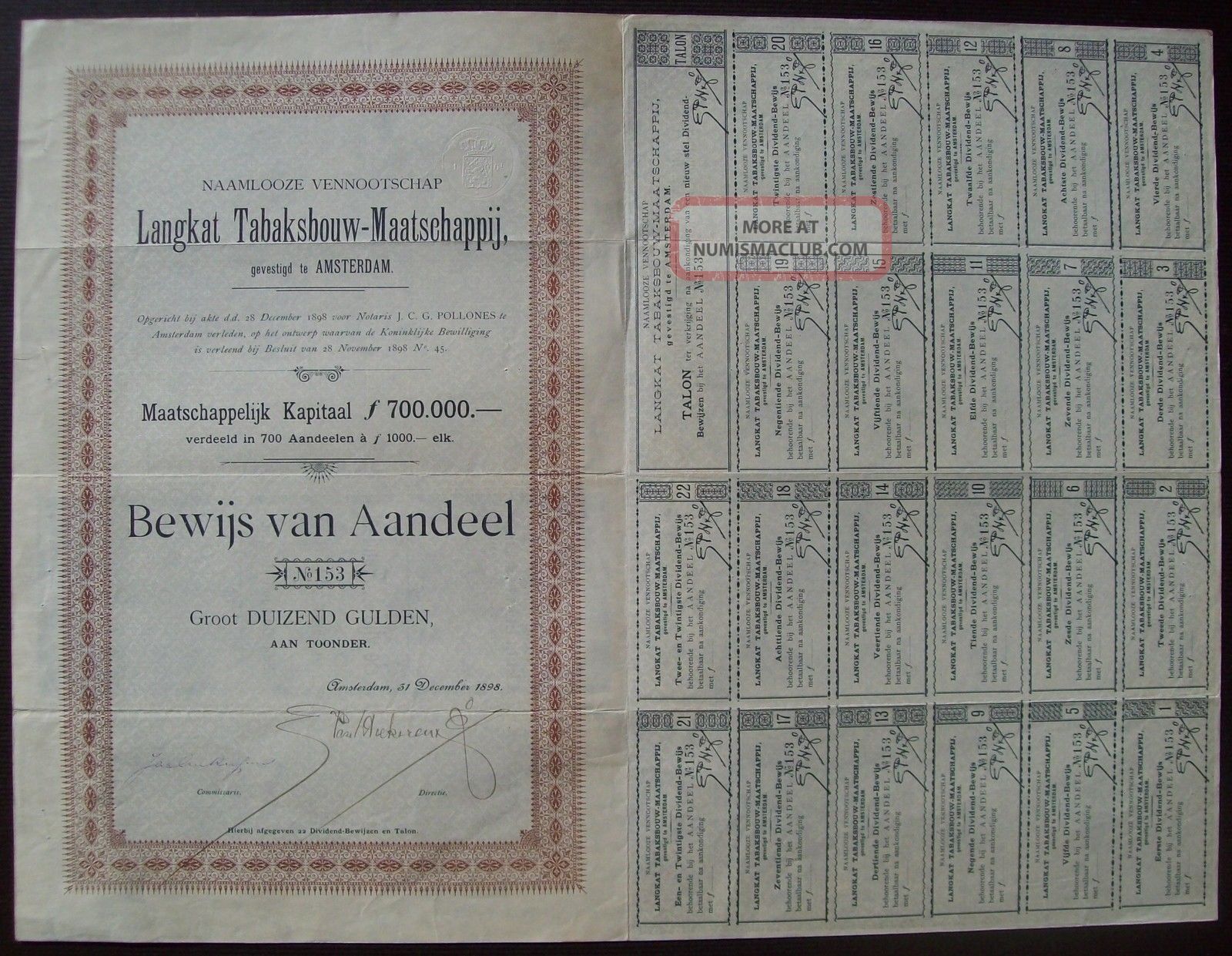 Netherlands 1898 Bond With Coupon Langkat Tabaksbouw Maatschappij Tobacco.  B1553 World photo