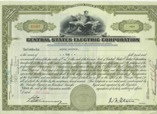 Vintage 1935 Central States Electric Corp.  Stock Certificate - - 10 Shares photo