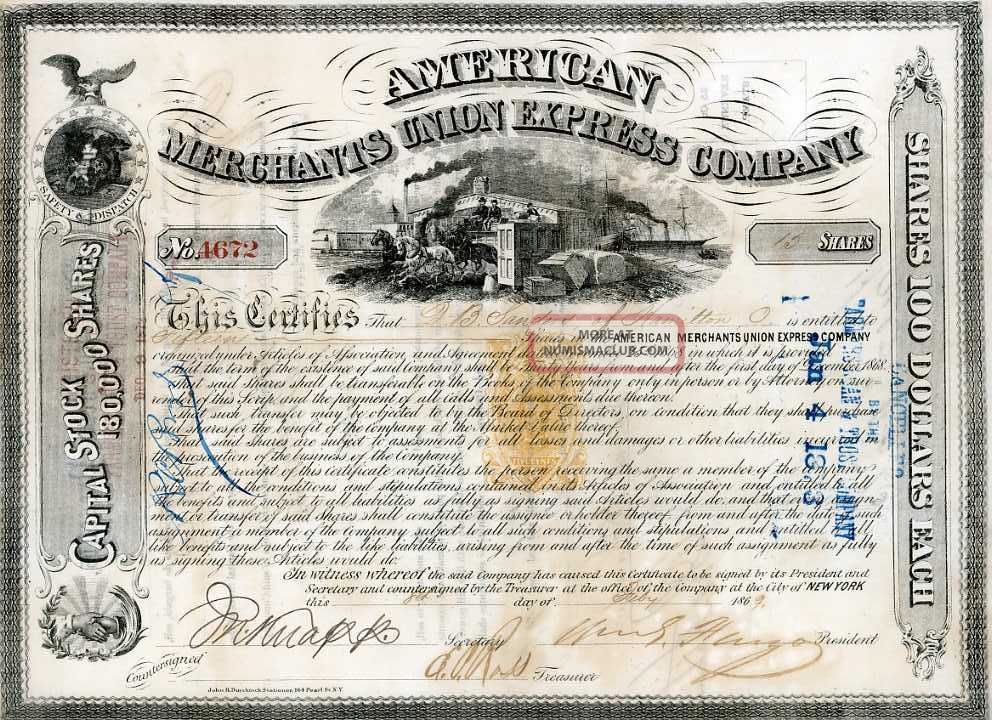 1869 [am Express] Stock - Sgd Wm Fargo Of Wells Fargo Stocks & Bonds, Scripophily photo