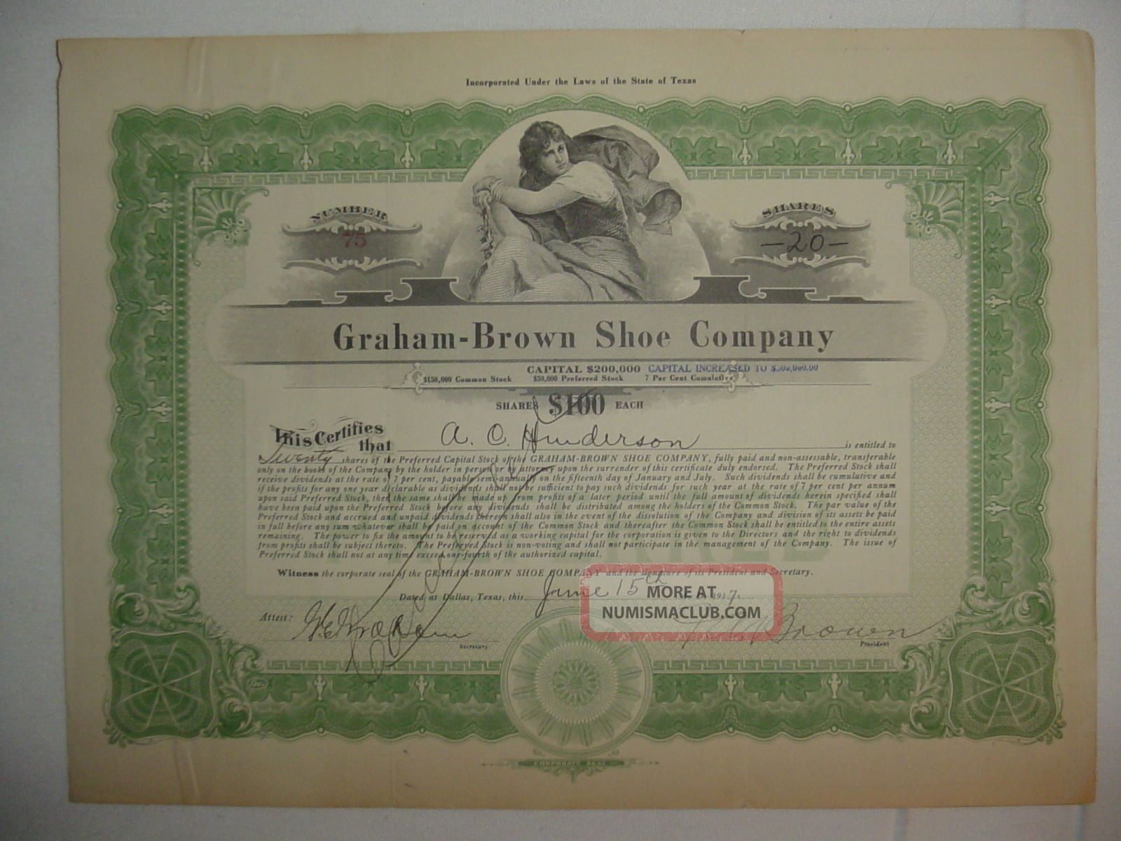 Graham - Brown Shoe Company Stock Certificate Dallas Texas Stocks & Bonds, Scripophily photo