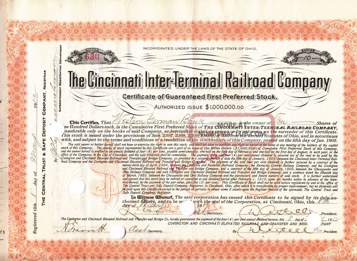 100 Year - Old 1912 Cincinnati Inter - Terminal Railroad Company Stock W/ Doc Stamps Transportation photo