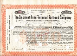 100 Year - Old 1912 Cincinnati Inter - Terminal Railroad Company Stock W/ Doc Stamps photo