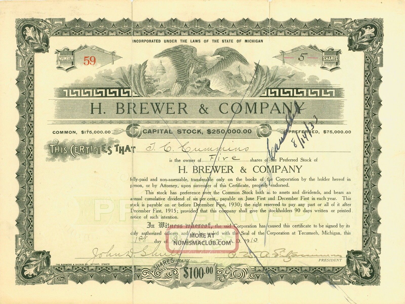 1910 Stock Certificate - H.  Brewer & Company Stocks & Bonds, Scripophily photo