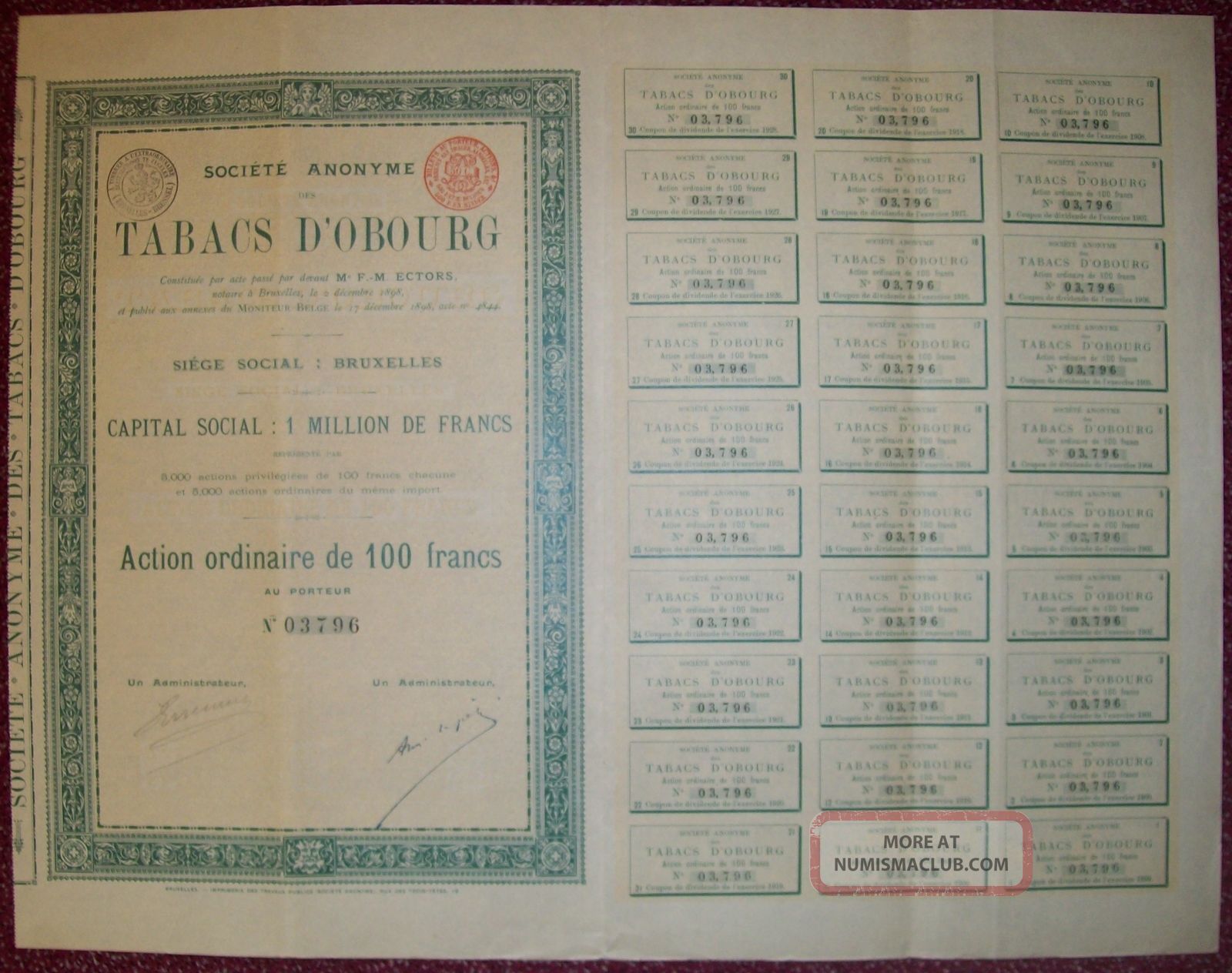 Belgium 1898 Bond - Tabacs D ' Obourg Société Anonyme - Tabac Tobacco.  R3385 World photo