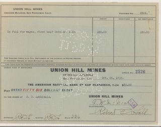 1918 Union Hill Mines,  San Francisco,  Ca - Payroll Check For J.  D.  Archibald photo