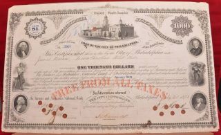 1873 Philadelphia Pa Girard Ave Bridge Loan Tax Bond Certificate $1000 photo