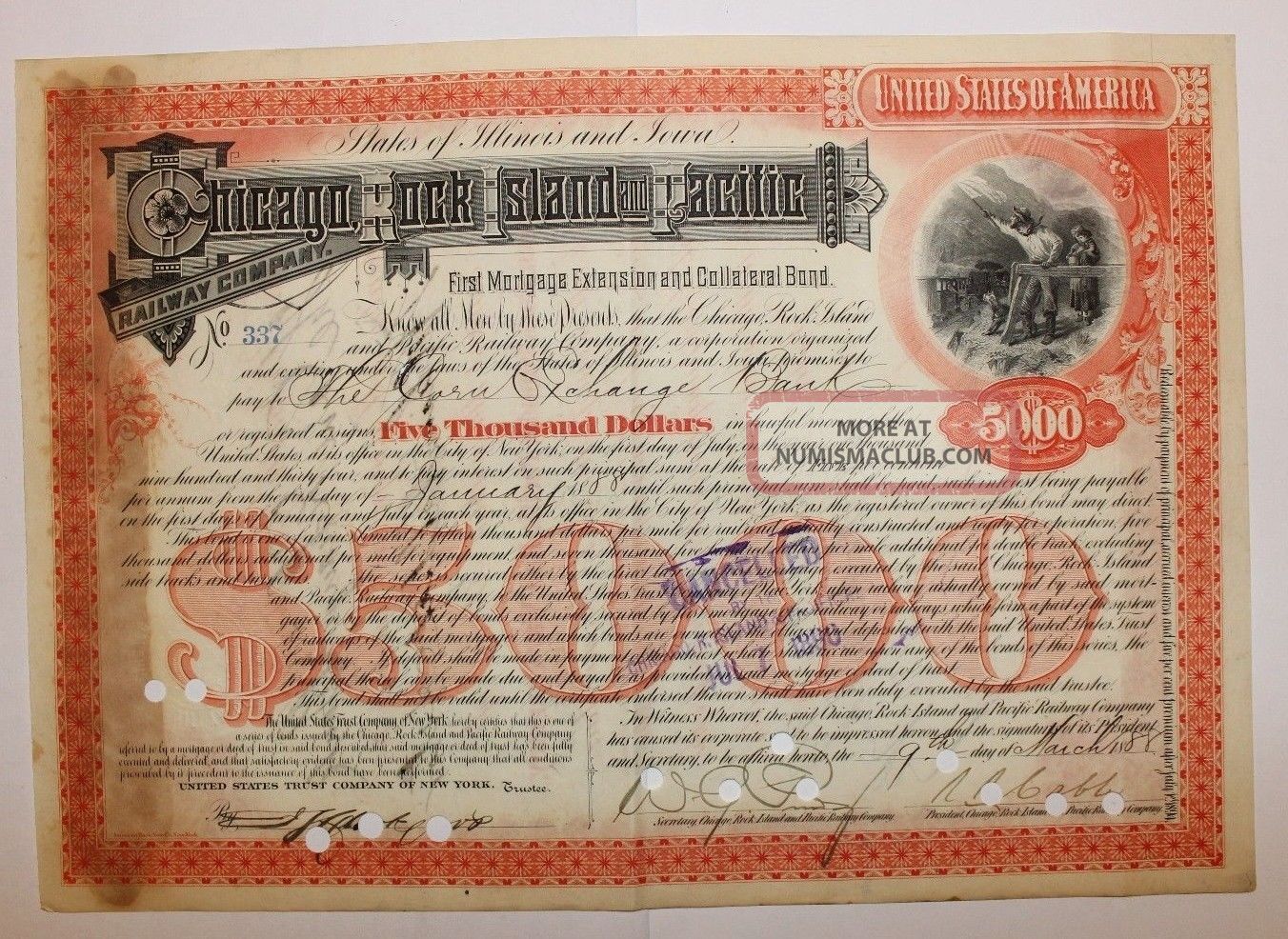 1888 Chicago Rock Island & Pacific Railway Co.  $5000 Bond Signed Ransom Cable Transportation photo