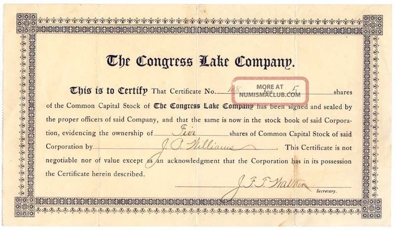 5 Shares Common Capital Stock,  The Congress Lake Company (hartville,  Ohio) Stocks & Bonds, Scripophily photo
