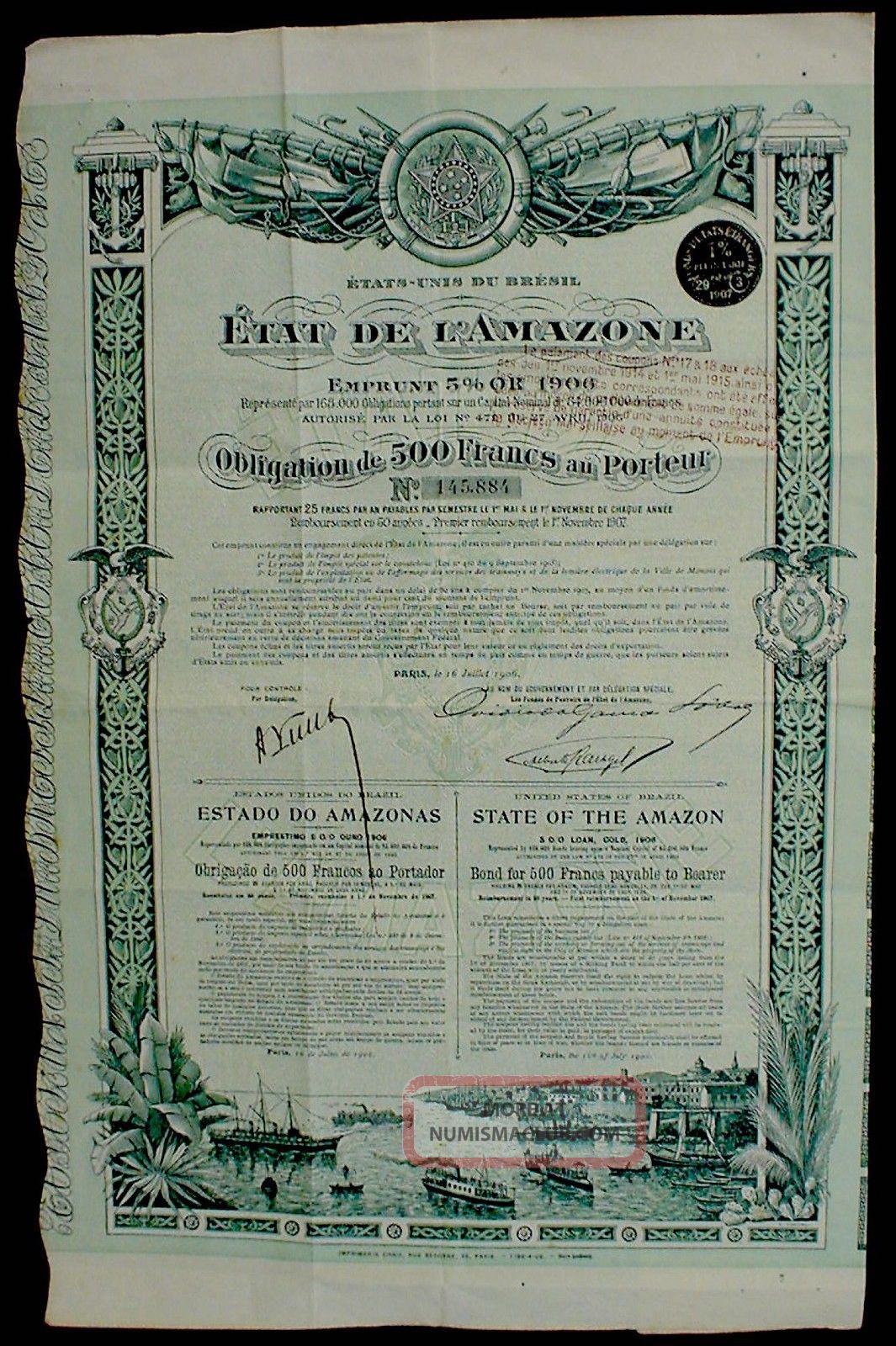 Brazil Etat De Amazonas 5 Loan Gold 500 Francs To Bearer,  Coupon Sheet 1906 Stocks & Bonds, Scripophily photo