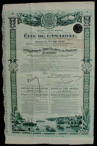 Brazil Etat De Amazonas 5 Loan Gold 500 Francs To Bearer,  Coupon Sheet 1906 photo