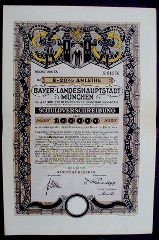 German Bond City Of Munich 8 - 30 Treasury Loan 100000 Mark,  1923 Uncancelled photo