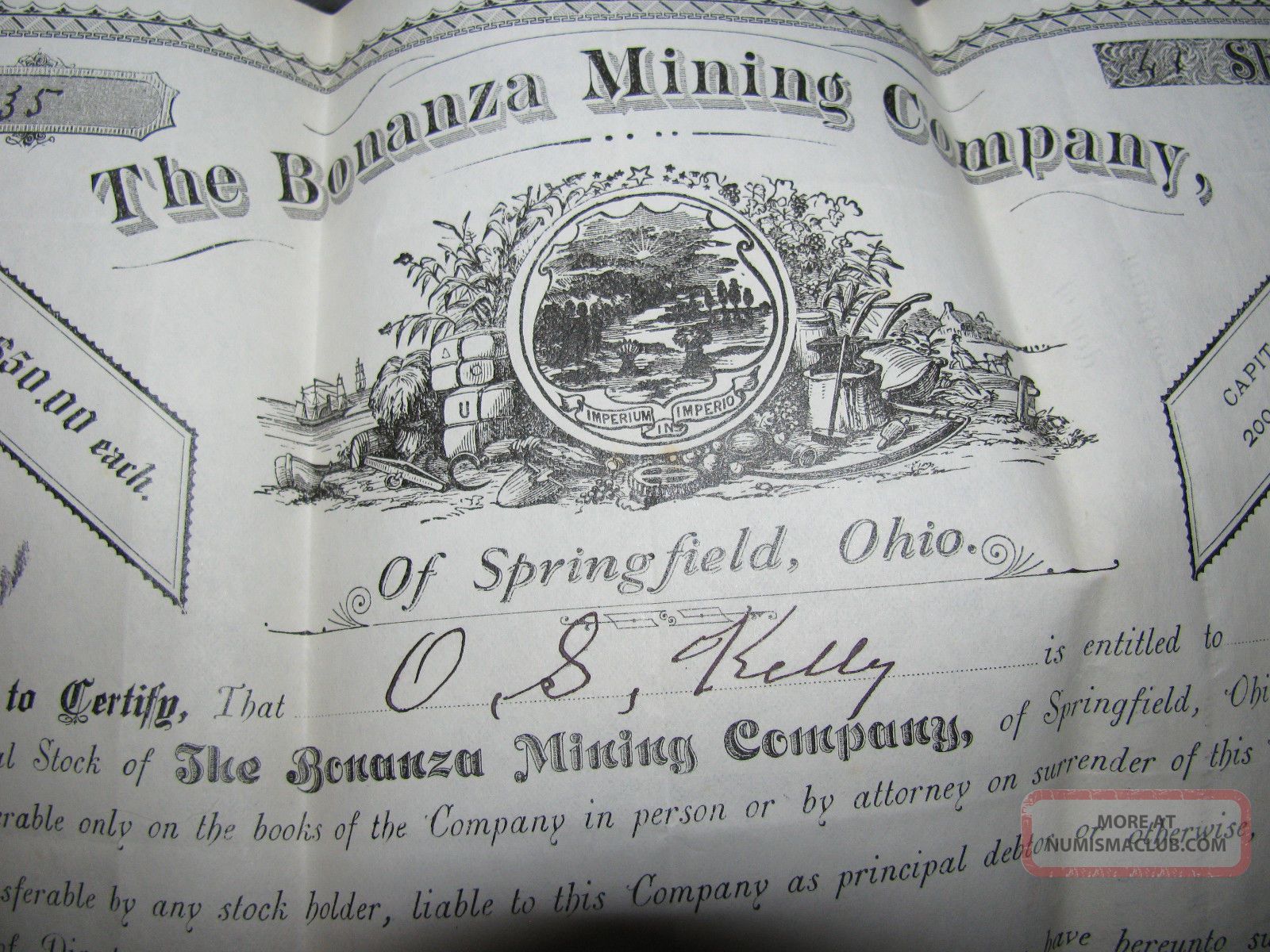 1884 Stock Certificate Bonanza Mining Company Springfield Ohio O.  S.  Kelly Stocks & Bonds, Scripophily photo
