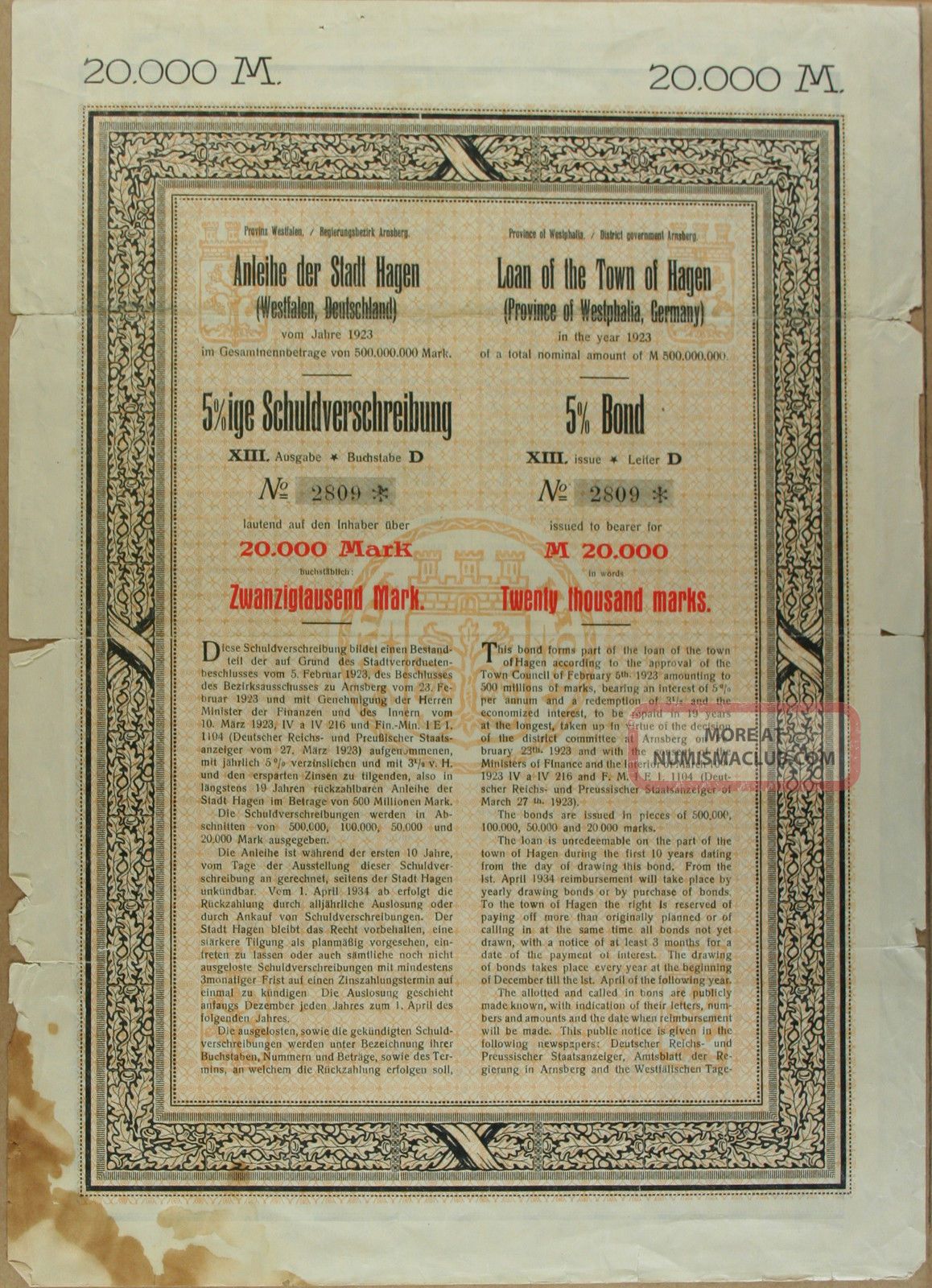 S718 Loan Of The Town Of Hagen Germany 1923 Bond Certificate Stocks & Bonds, Scripophily photo