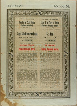 S718 Loan Of The Town Of Hagen Germany 1923 Bond Certificate photo