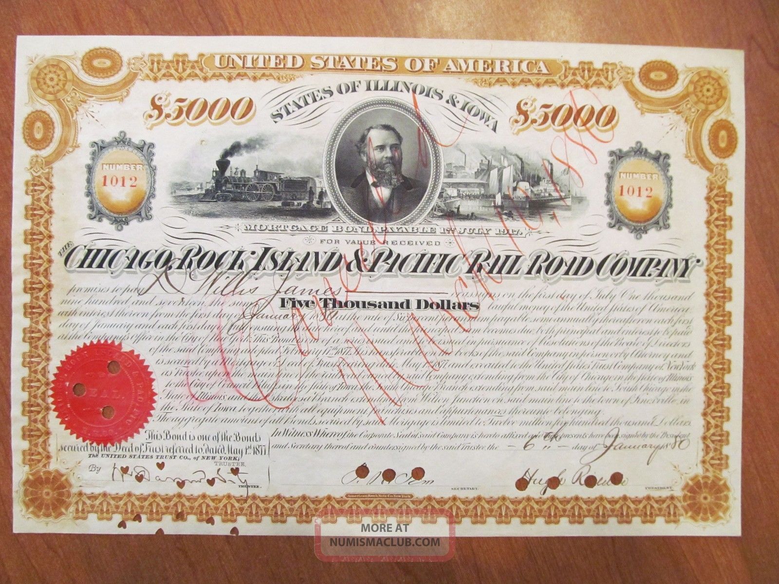 Rare 1880 Chicago,  Rock Island & Pacific Railroad Company $5000 Bond Certificate Transportation photo