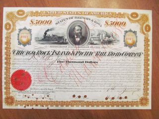 Rare 1880 Chicago,  Rock Island & Pacific Railroad Company $5000 Bond Certificate photo