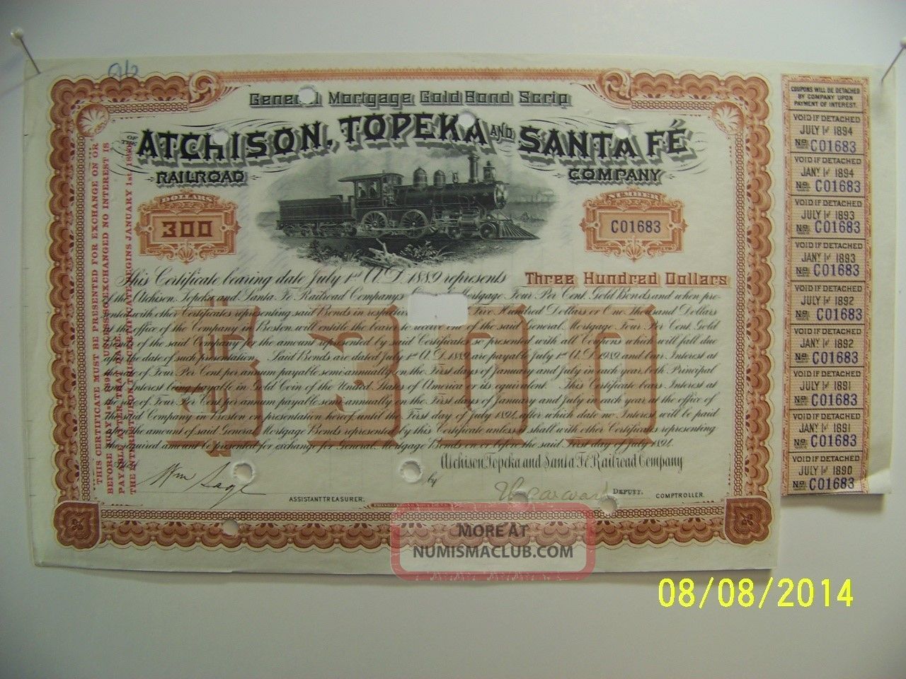 Atchison Topeka Santa Fe Railway Railroad Old Gold Bond Script Certificate Transportation photo