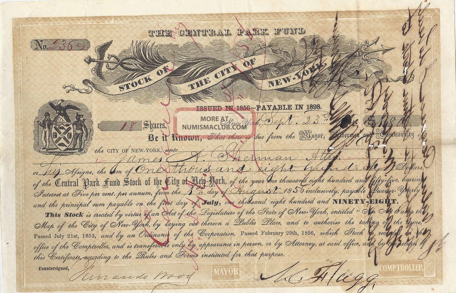 The Central Park Fund Stock Of The City Of - York Bond,  1856 Stocks & Bonds, Scripophily photo