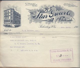 1908 Star Grocer Co.  Of Parkersburg,  Va.  To Little Kanawha R.  R. photo