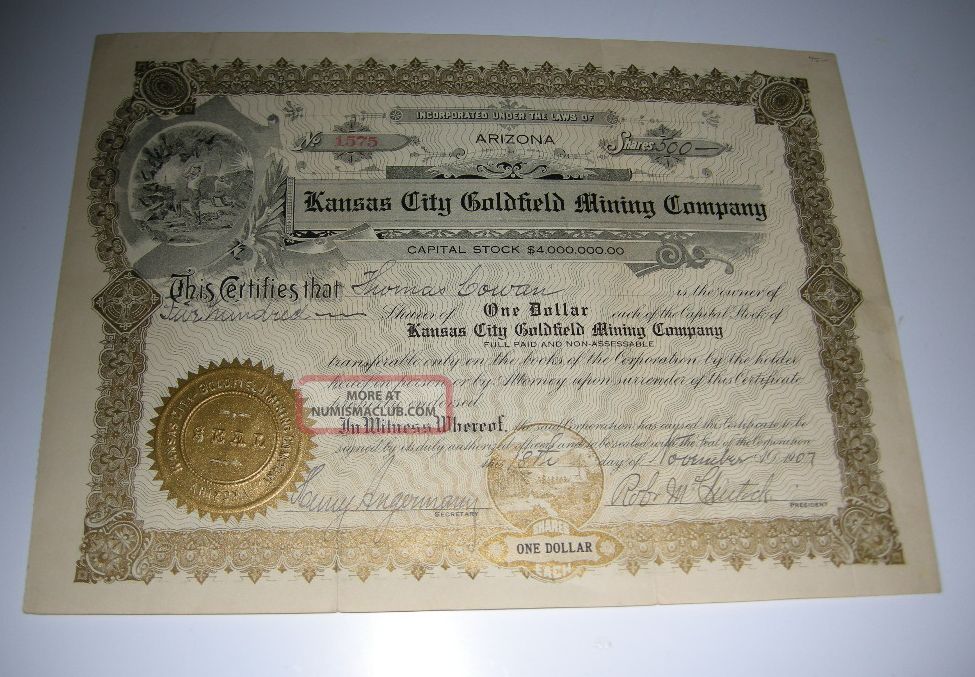 1907 Kansas City Goldfield Mining Company Goldfield Nevada Mining Stock Issued Stocks & Bonds, Scripophily photo