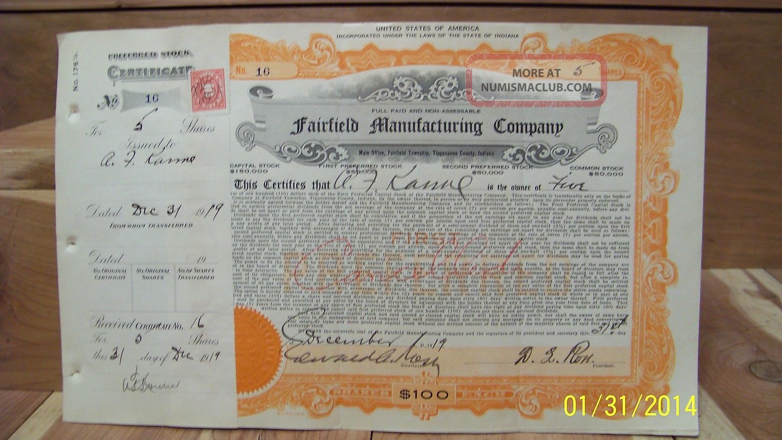 Fairfield Manufacturing Company Stock Certificate No.  16 Dec.  31,  1919 Stocks & Bonds, Scripophily photo
