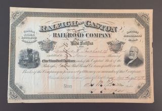 Antique 1878 Raleigh Gaston Railroad Stock Certificate With photo