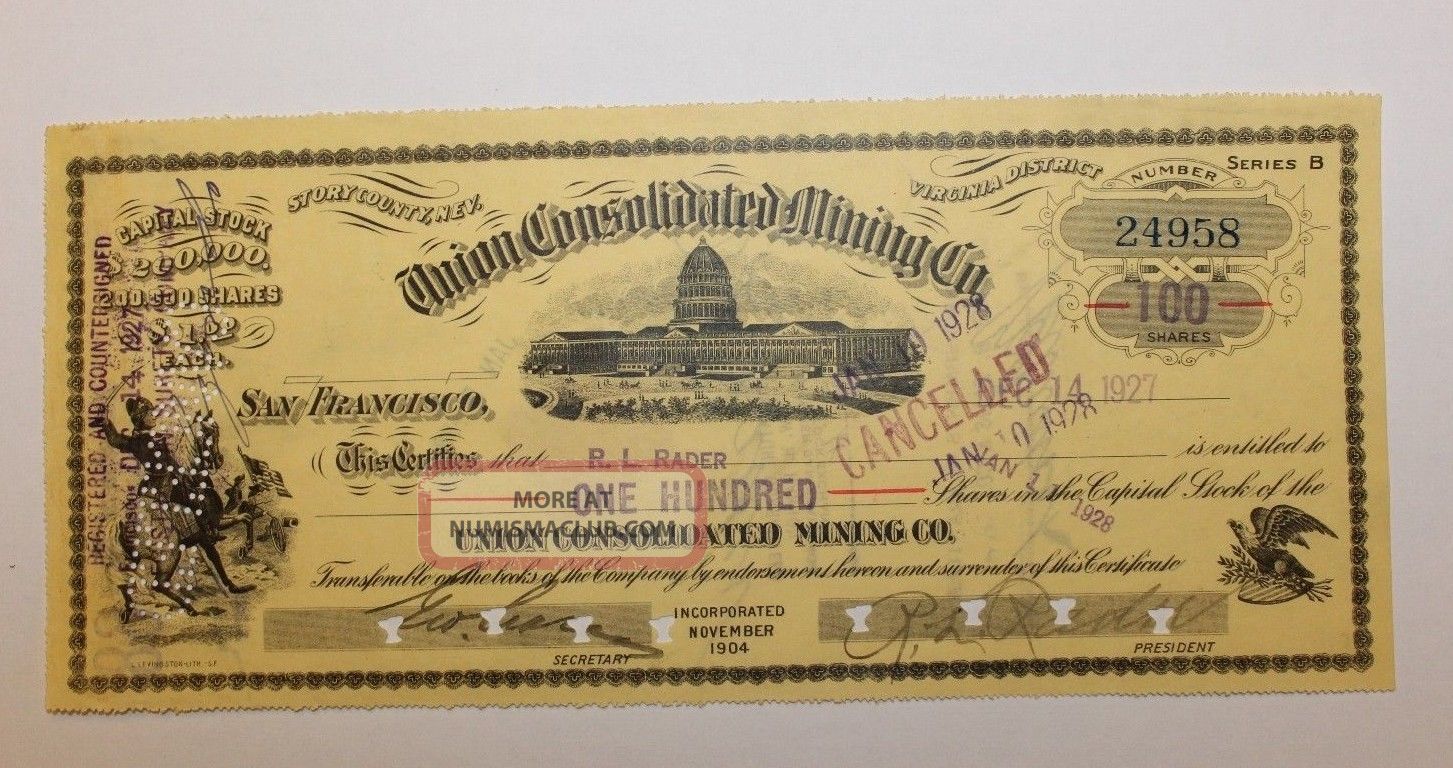 1927 Union Consolidated Mining Co.  Stock Certificate Story County,  Nevada Stocks & Bonds, Scripophily photo
