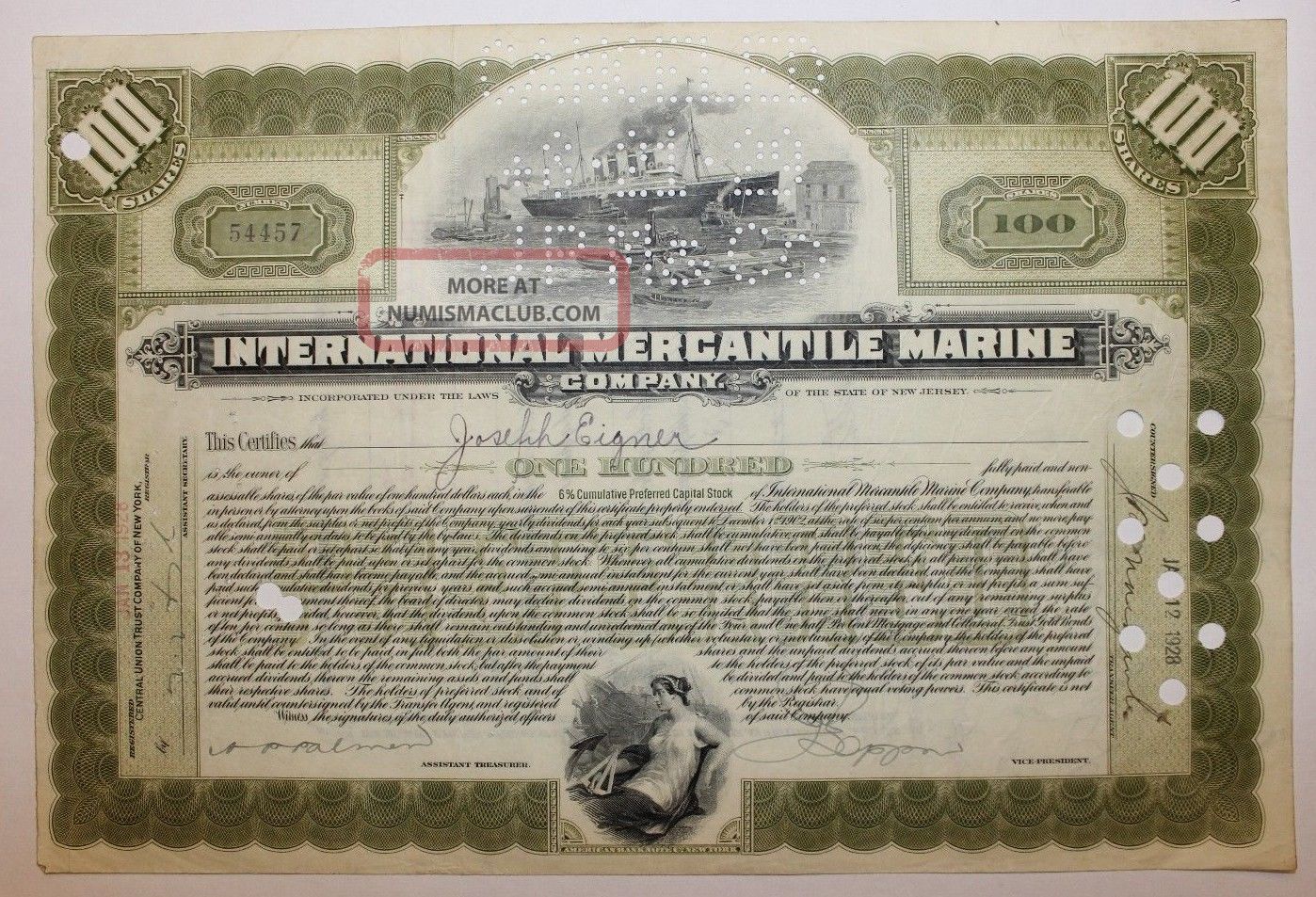 1928 International Mercantile Marine Co.  Stock Certificate Titanic Type 6 Olive Transportation photo