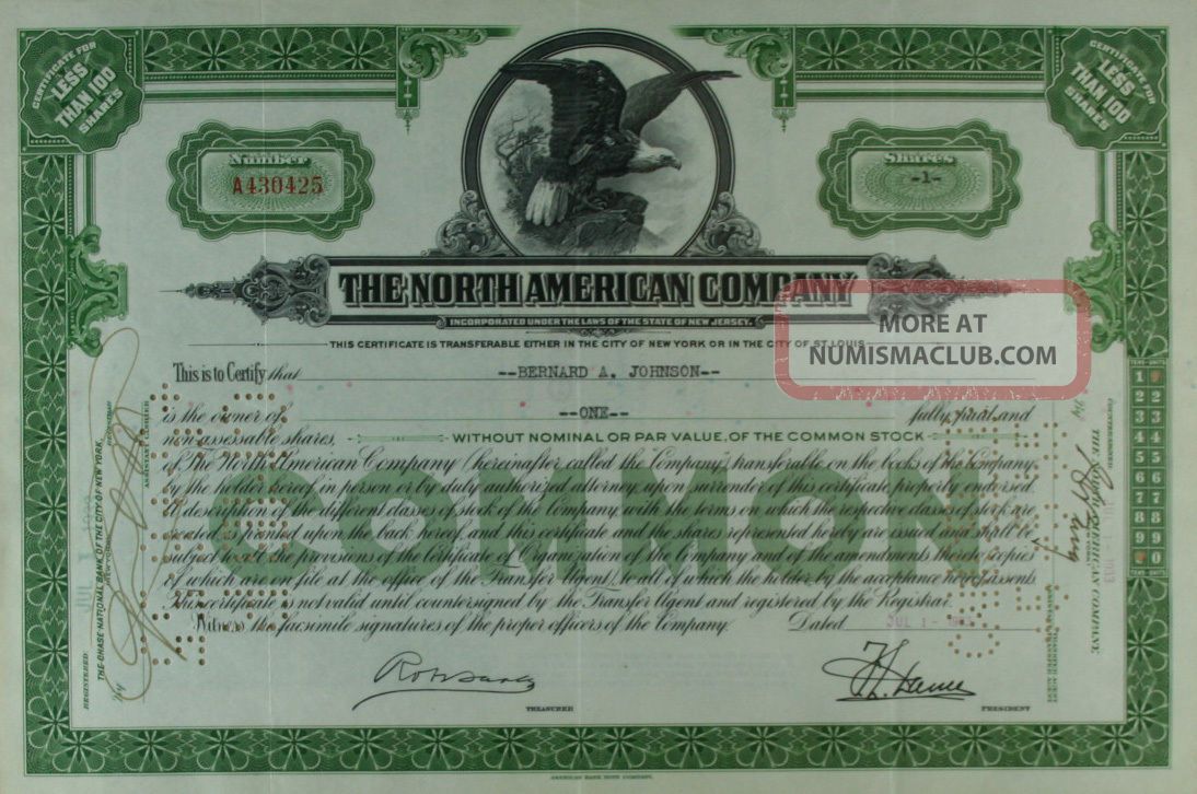 S725 North American Company 1930s Stock Certificate Green Stocks & Bonds, Scripophily photo
