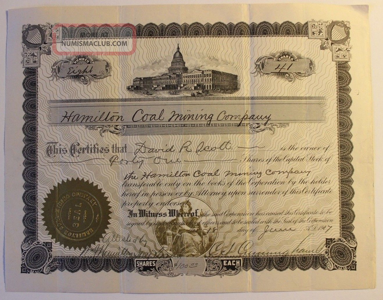 1917 Hamilton Coal Mining Co.  Stock Certificate Tarentum,  Pennsylvania Scarce 8 Stocks & Bonds, Scripophily photo