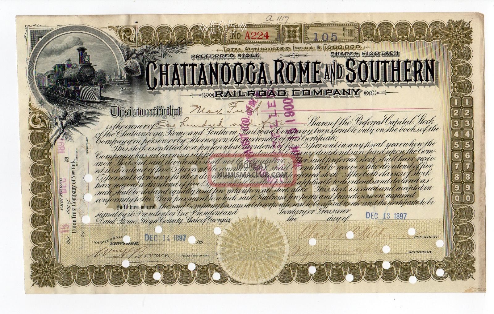 1897 Chattanooga,  Rome And Southern Railroad Company Stock Certificate Transportation photo