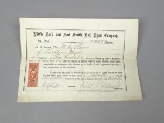 Antique 1870 Little Rock Fort Smith Rr Company Stock Certificate 200 Shares photo