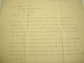 1909 Cumberland Mansfield Coal & Power Co Mining Stock Swindle Cert,  Letter photo