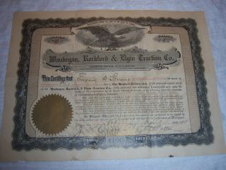 Old Stock Certificate Waukegan,  Rockford & Elgin Traction Co Steam Railroad 1911 photo