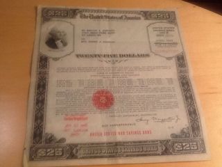 United States $25 Savings Bond Wwii Large Size 1943 photo