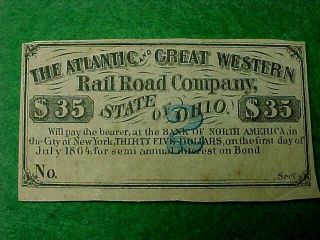7084: Civil War,  Ohio Atlantic And Great Pacific Railroad Co.  $35 Bond Interest photo