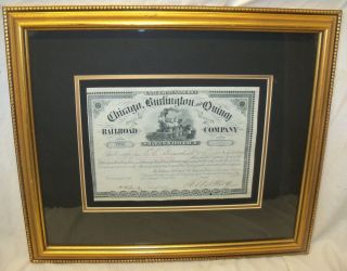 Old Framed Chicago Burlington & Quincy Railroad Company Il Stock Certificate photo