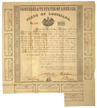 Scarce Louisiana $500 Confederate Bond 1 Mar 1862 Civil War Signed Gov Defreese photo