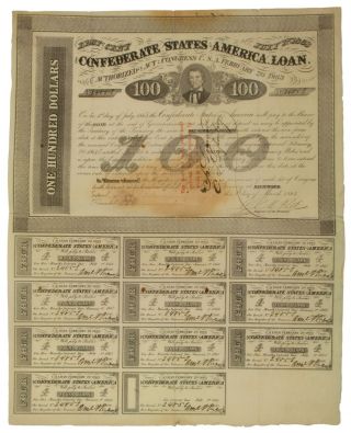 Confederate $100 Bond 1 Mar 1863 Richmond Csa Vp Alexander Stephens Portrait photo