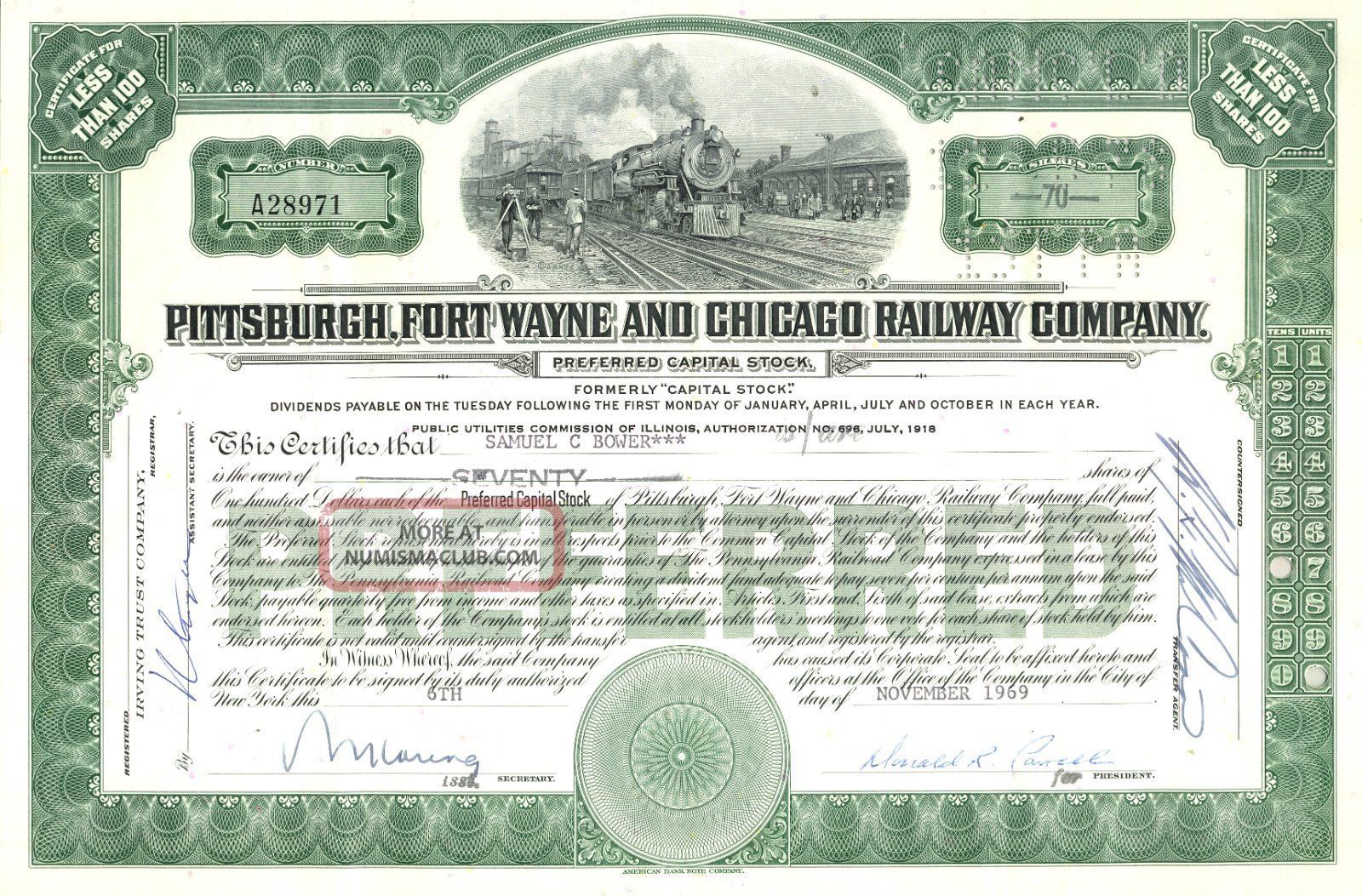 1969 Pittsburgh Fort Wayne Chicago Railway Capital Stock - Pennsylvania Railroad Transportation photo