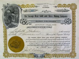 Ouray Colorado Colo Gold And Silver Mining Stock Certificate Savage Bear photo