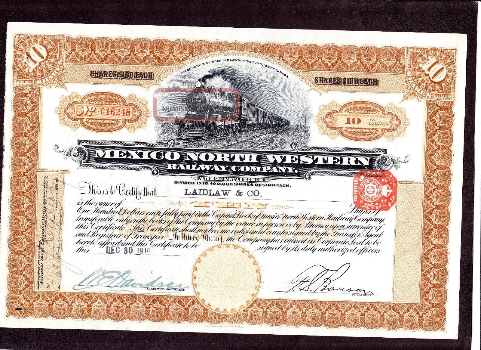 Mexico North Western Railway C.  Share Certificate 1910 World photo