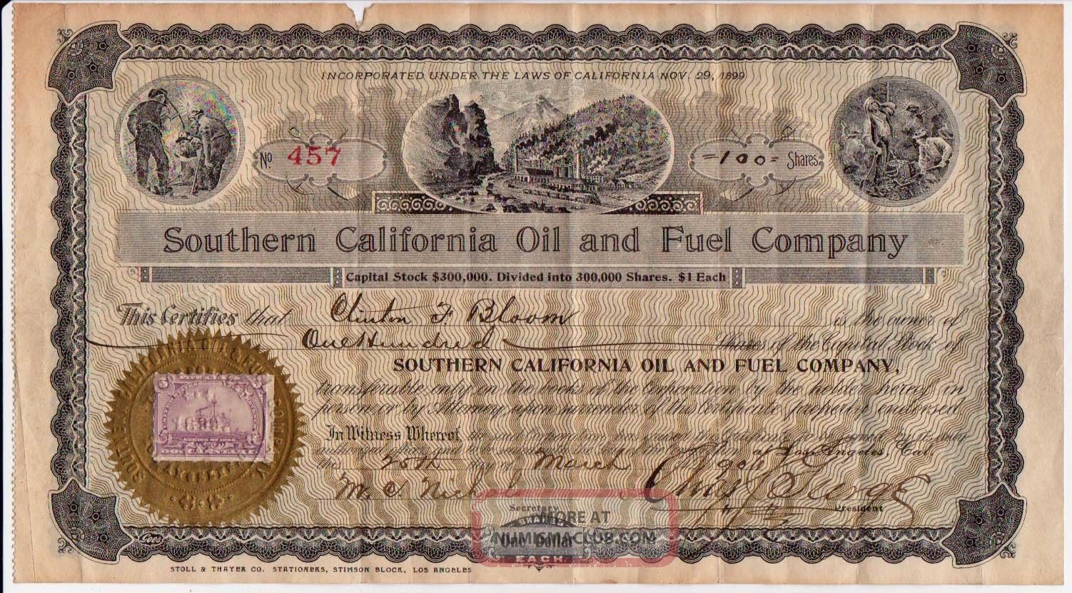 Southern California Oil And Fuel Company Stock Certificate,  1899 Stocks & Bonds, Scripophily photo