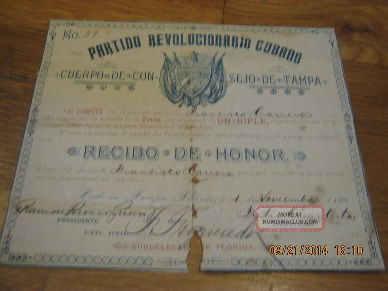 1896 Certificate From Exile Group In Usa For Rifle Donation Against Spanish Rule World photo