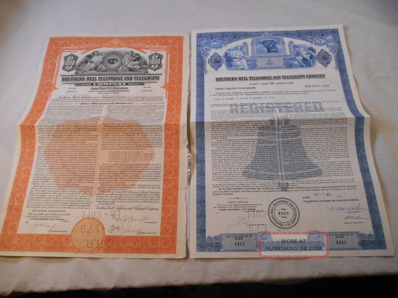 Vintage Southern Bell Telephone & Telegraph Company Debentures Stocks & Bonds, Scripophily photo
