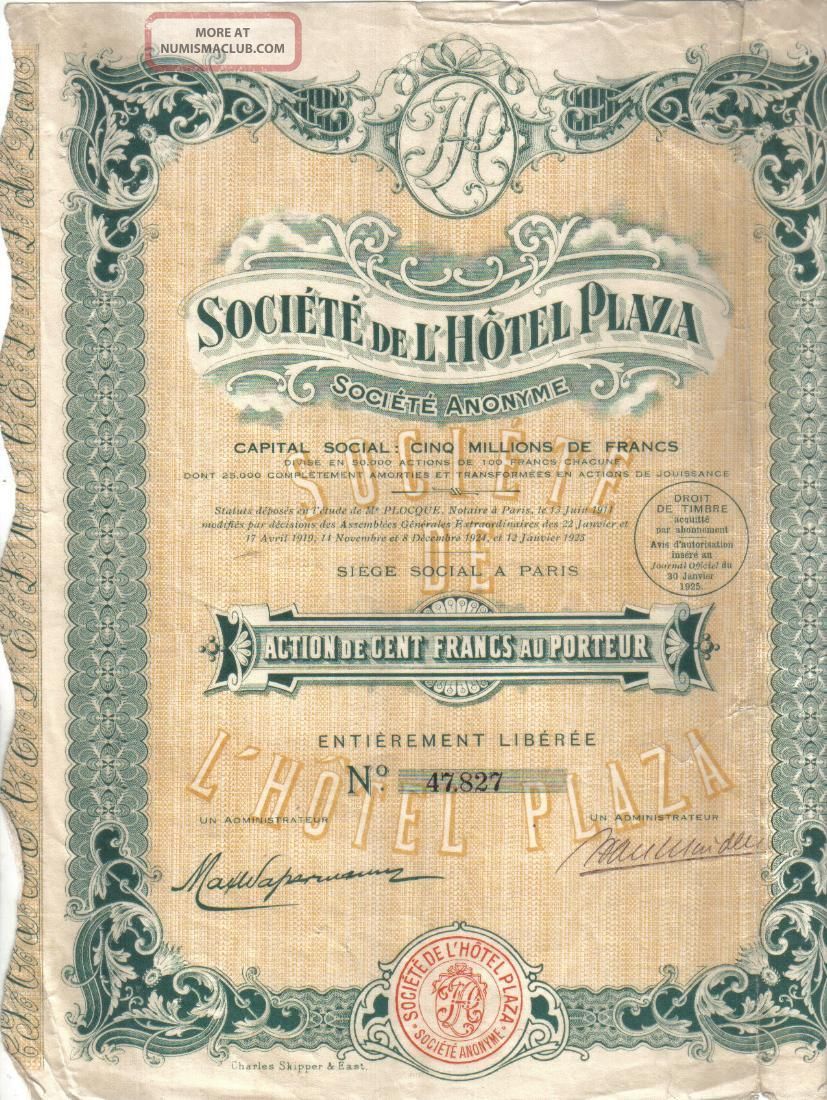 France 1925 Society Of Hotel Plaza 100 Francs Coupon Uncancelled Deco Stocks & Bonds, Scripophily photo