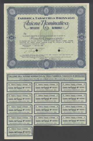 Switzerland 1922 Bond Certificate Ftb Fabbrica Tabacchi In Brissago. .  B999 photo
