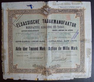Germany 1890 Bond Certificate Elsassische Tabakmanufaktur Strasbourg.  B975 photo