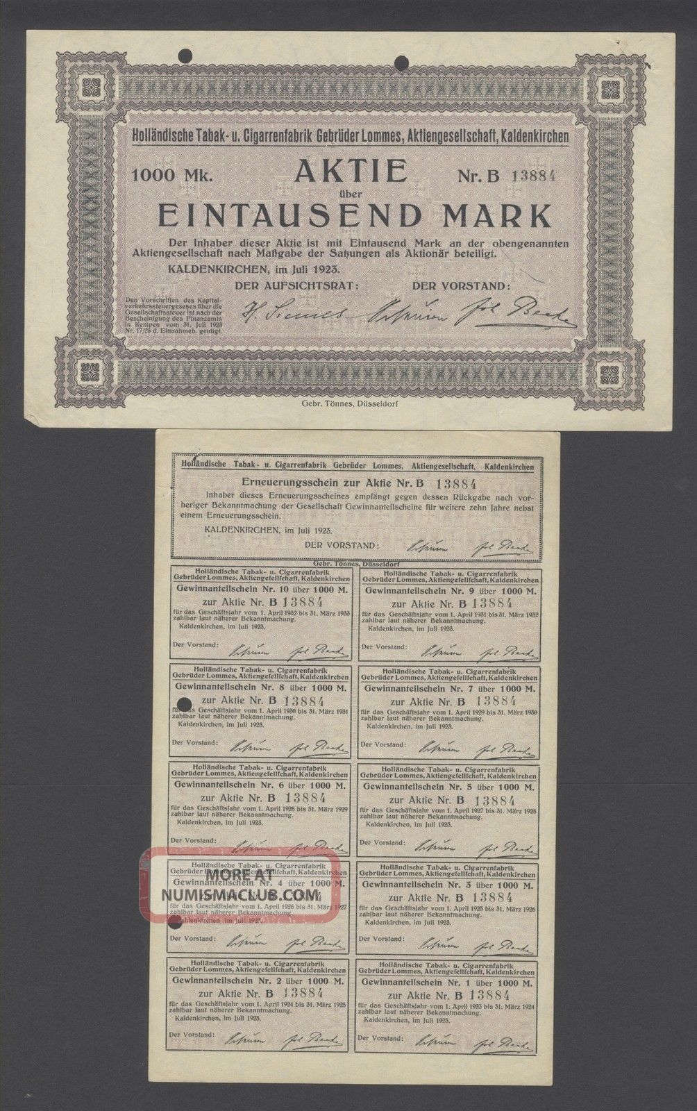 Germany 1923 Bond Certificate Tabak Cigarrenfabrik Lommes Kaldenkirchen.  B973 World photo